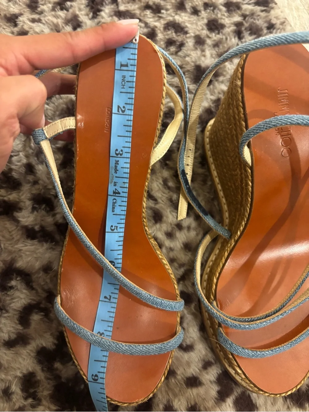 Jimmy Choo Denim Blue Strappy Wedge Sandal with Pink Insole